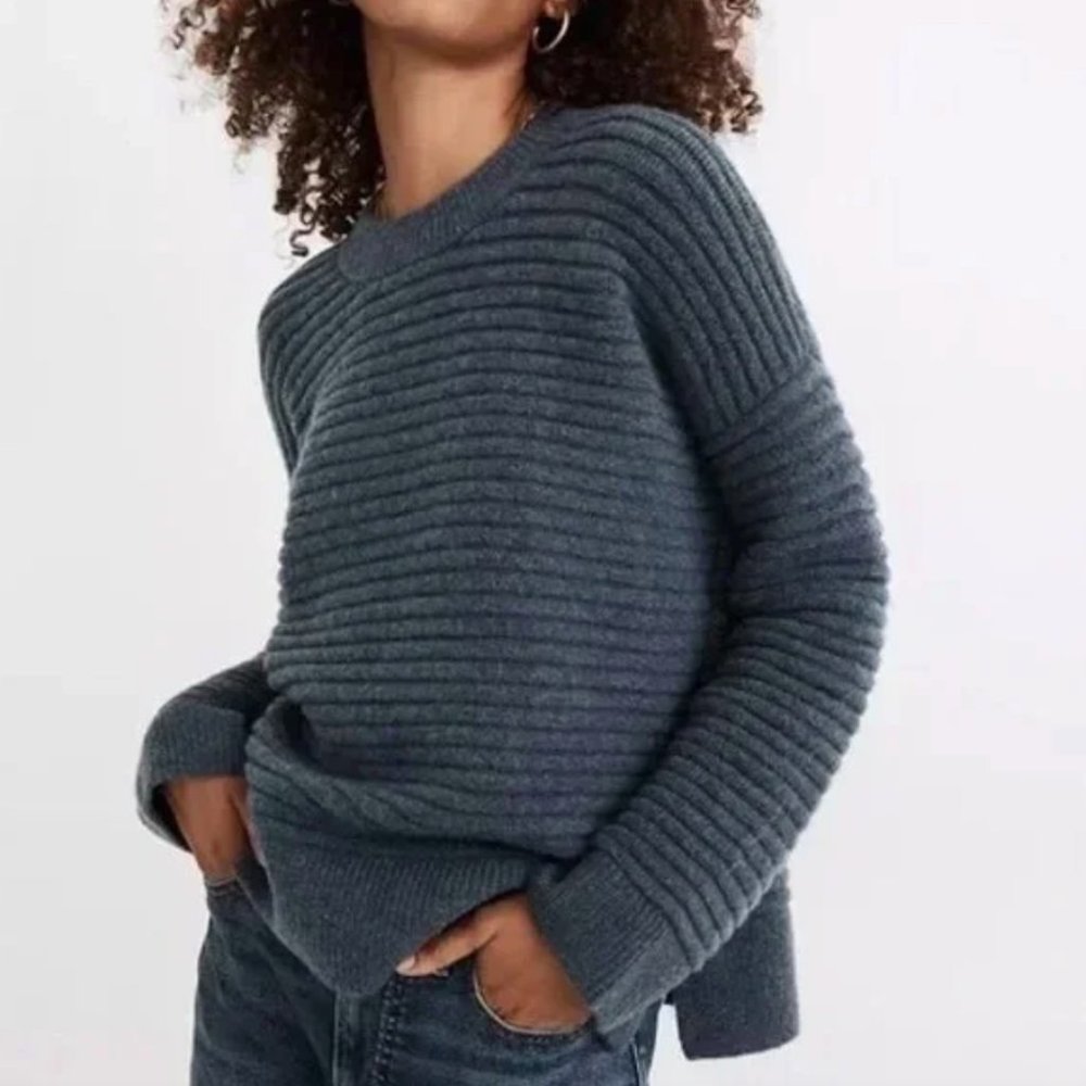 NWT Madewell Elsmere Chunky Knit Wool Blend Pullover Sweater in Heather Lake